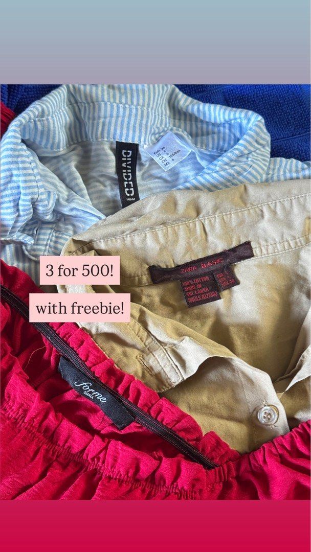 3 for 500! H&M, Zara, ForMe set (Category: Blouses) located in Davao. Submitted by high_vaultage (Listing ID 1421643120, Image 1). Description: PLEASE READ REVIEWS FOR LEGITIMACY! as indicated in tag: 🔸H&M long sleeve size 36, soft cotton, best for M to semi-Large, rarely used 🔸Zara long sleeve size L, ladies fit merong curve sa waist area, best for M to semi-Large, rarely used 🔸ForMe top- Small but can really fit up to XL, can be used as off 