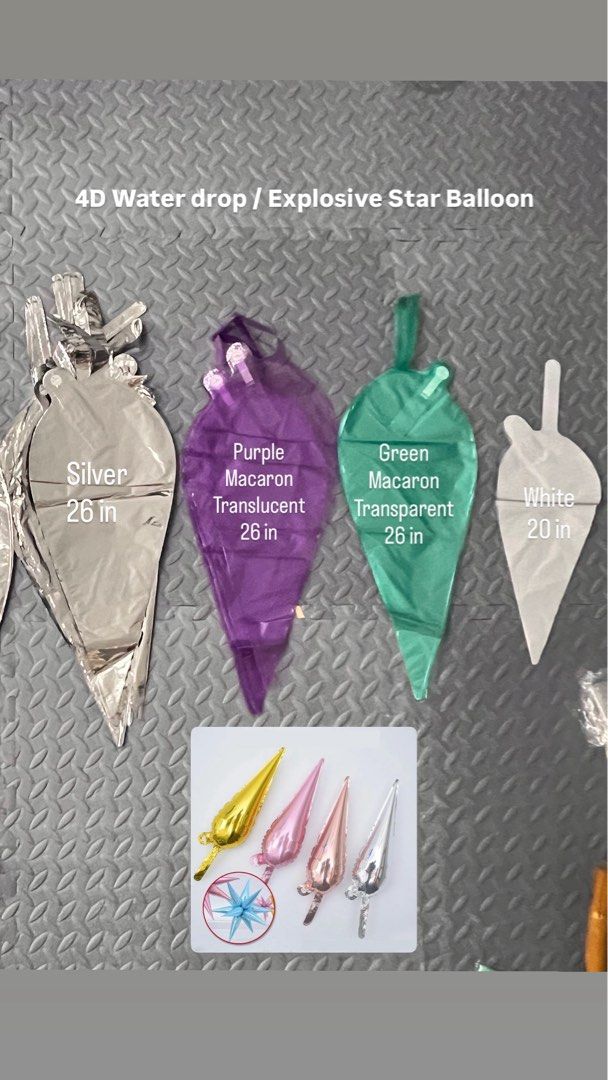 4D Water Drop / Explosive Star Mylar Foil Balloons (Category: Occasions & Party Supplies) located in Manila. Submitted by momoncaffeine (Listing ID 1421749508, Image 1). Description: Rfs: selling extra from event, selling lower than srp 4D Water drop / Explosive Star Mylar Foil Balloon - take all 1400 20-in white - 10 packs (12’s - 128 pcs) - ₱50/pack 26-in green macaron translucent - 4 packs (12’s) - ₱70/pack 26-in violet macaron translucent - 4