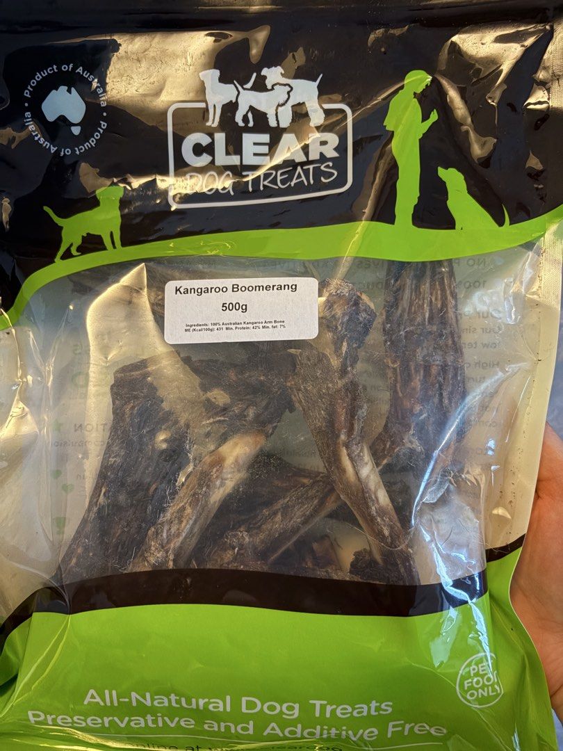 澳洲 Clear Dog Treats Kangaroo Boomerang 500g （分類：寵物食品）位於 Hong Kong。 由 popwong 提交（商品編號 1421777871，圖片 1）。簡介： All-natural dog treats made from kangaroo boomerang. These treats are preservative and additive-free. The package contains 500g of treats. Made in Australia. Suitable for dogs.。