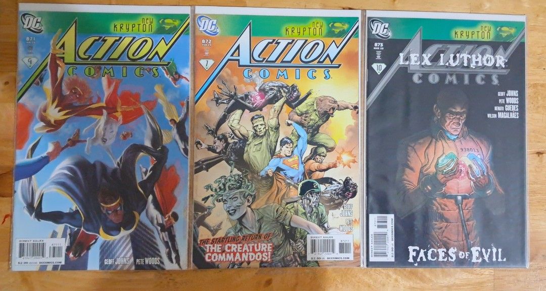 Action Comics 871 to 873 (Category: Comics & Manga) located in Quezon City. Submitted by ernestamaru2 (Listing ID 1421707178, Image 1). Description: Collection of Action Comics and Lex Luthor Comics. Includes issues featuring "The Creature Commandos" and "Faces of Evil". These comics are from the DC universe. The images show the covers of the comics, showcasing the artwork and titles. A great addition for comic book collectors..
