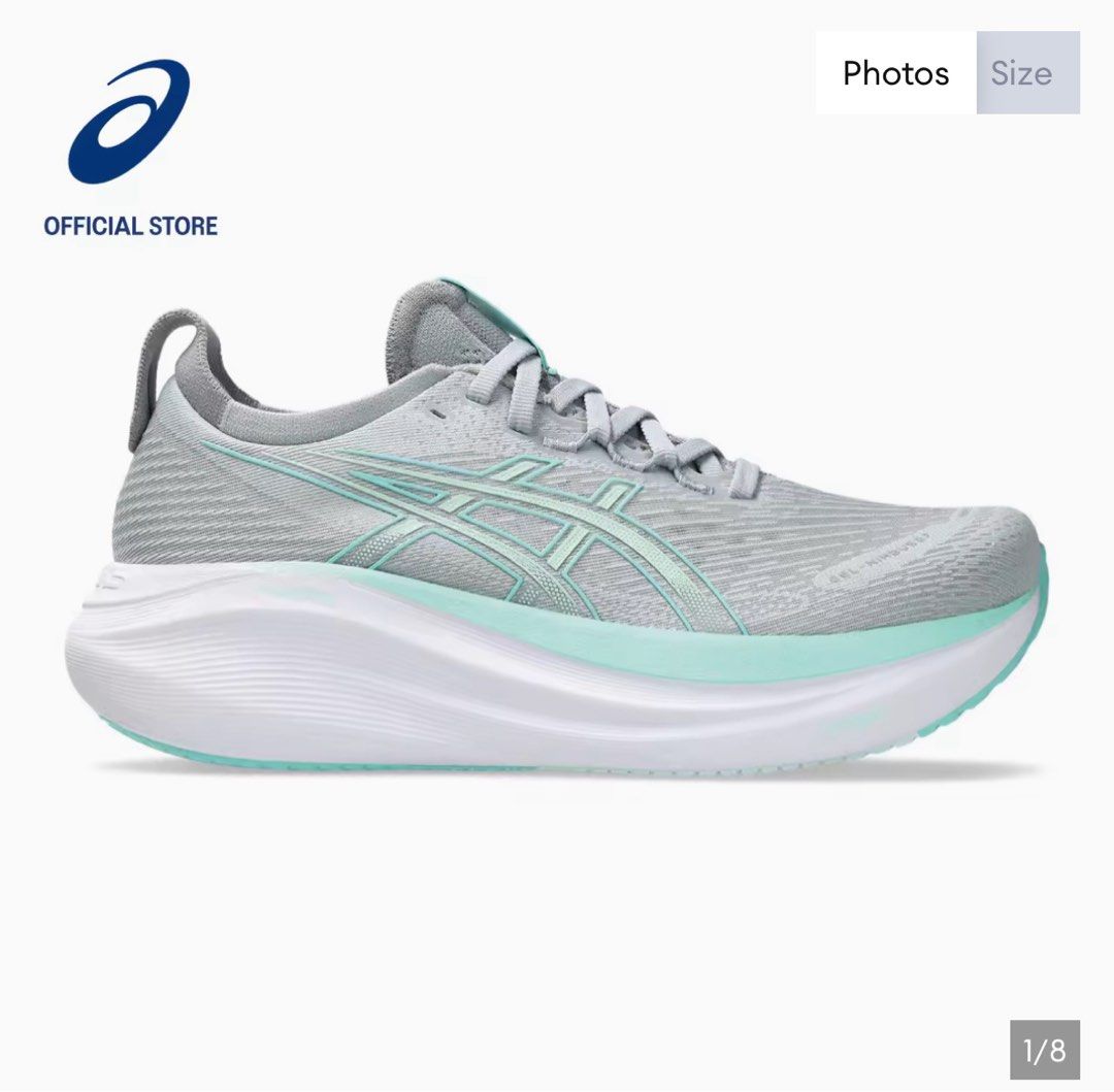 ASICS Women GEL-NIMBUS 27 WIDE Running Shoes in Piedmont Grey/Illuminate Mint (Category: Sneakers) located in Singapore. Submitted by silver15 (Listing ID 1421752106, Image 1). Description: - Brand new Asics Gel-Nimbus 27 wide running shoes - Stylish grey and mint colorway - Designed for comfort and performance - Suitable for running and everyday wear - Comes with original packaging.