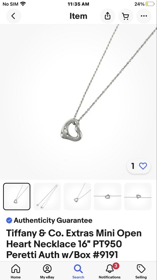 Authentic T & Co Peretti open heart necklace PT (Category: Necklaces) located in Muntinlupa City. Submitted by shoebizzness (Listing ID 1421653497, Image 1). Description: Guaranteed authentic Platinum Tiffany open heart peretti necklace 18 inches length Selling platinum value bec the perreti name can’t be seen at the back of the heart anymore from daily wear. The chain has the Tiffany & co, Spain, pt950 and peretti markings similar to eBay listin