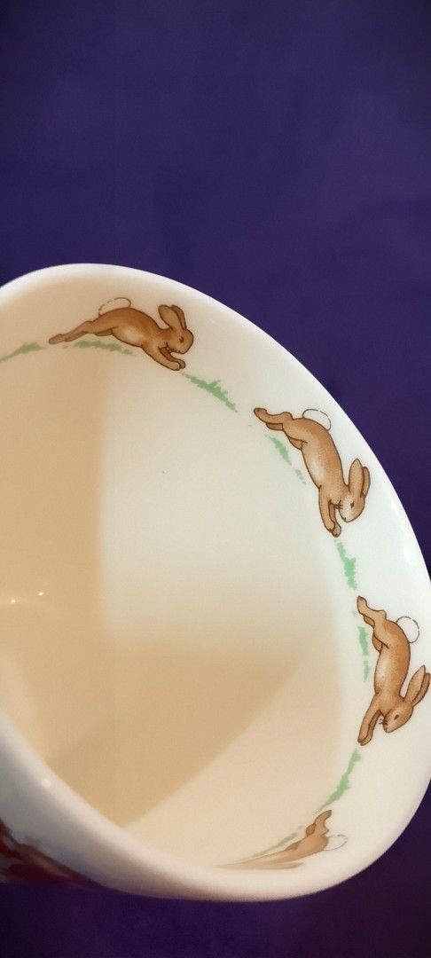 Bunnykins English Fine Bone China Cup (Category: Dinnerware & Cutlery) located in Cabanatuan. Submitted by miss.maia (Listing ID 1421760031, Image 3). Description: - Charming Bunnykins cup with rabbit illustrations. - Made from English Fine Bone China. - Features a classic curved handle. - White base with colorful artwork. - Interior rim has a border of running rabbits. - Marked with the Bunnykins logo..