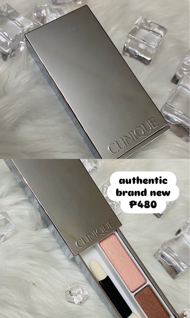 Clinique Eyeshadow Palette 2 (Category: Makeup) located in Agdangan. Submitted by lavishbyji22912 (Listing ID 1421756897, Image 1). Description: - Authentic Clinique eyeshadow palette - Features two eyeshadow shades: light pink and brown - Comes in a sleek silver case with the Clinique logo - Includes the original applicator -no box -brand new.