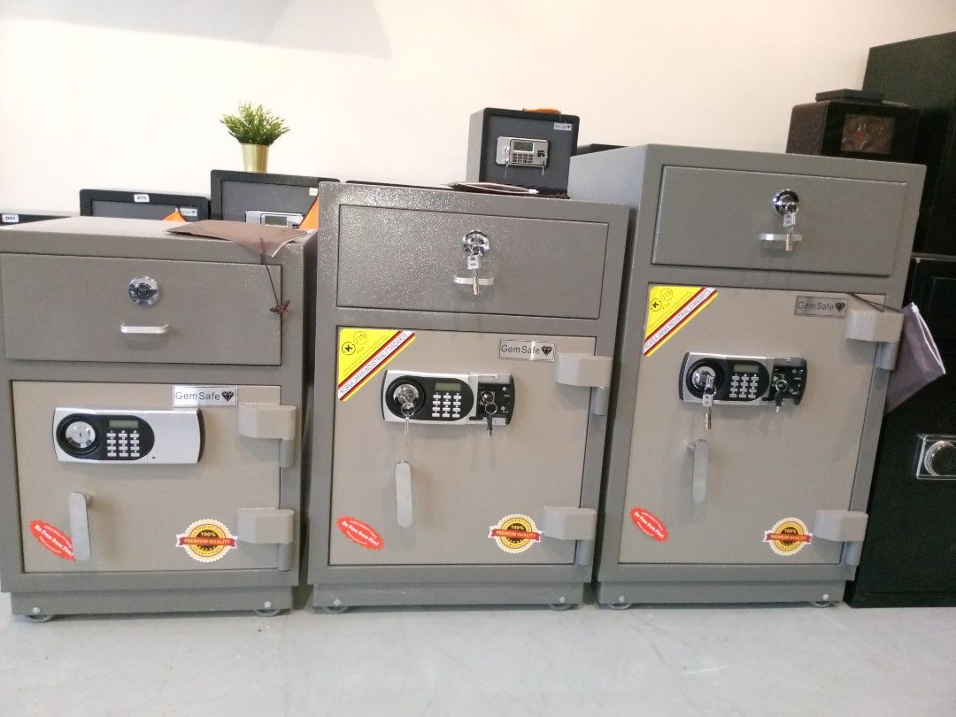 Digital Safe with dropbox (Category: Safe) located in Manila. Submitted by online_tindako (Listing ID 1421760457, Image 1). Description: - Secure digital safe with multiple drawers. - Features a digital keypad and key lock backup. - Neutral gray color, made of sturdy metal. - Korea Japan Industry tested and approved. smallest size price 23,750.00 external dimension: H67xW48xD45cm medium size price 25,000.00 external dimension: H77xW52xD48cm bigge