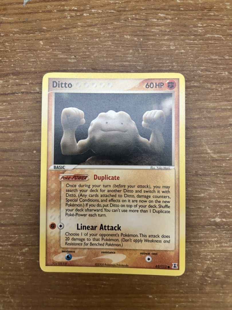 Ditto (COMMON) (Category: Raw Singles) located in Kuala Lumpur. Submitted by quickowl-9fc8 (Listing ID 1421753074, Image 1). Description: - Pokemon Ditto trading card - From the 2006 set - Features Duplicate and Linear Attack abilities - 60 HP - Card number: 62/113.