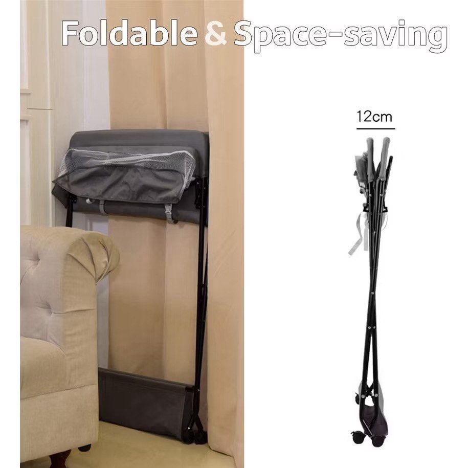 Foldable Baby Changing Table (Category: Changing Mats & Accessories) located in Manila. Submitted by mkydrandom (Listing ID 1421778770, Image 2). Description: - Foldable baby changing table - Gray changing surface with safety strap - Includes storage basket and lower shelf - Space-saving design -no wheels -with visible stains - Dimensions available in images.