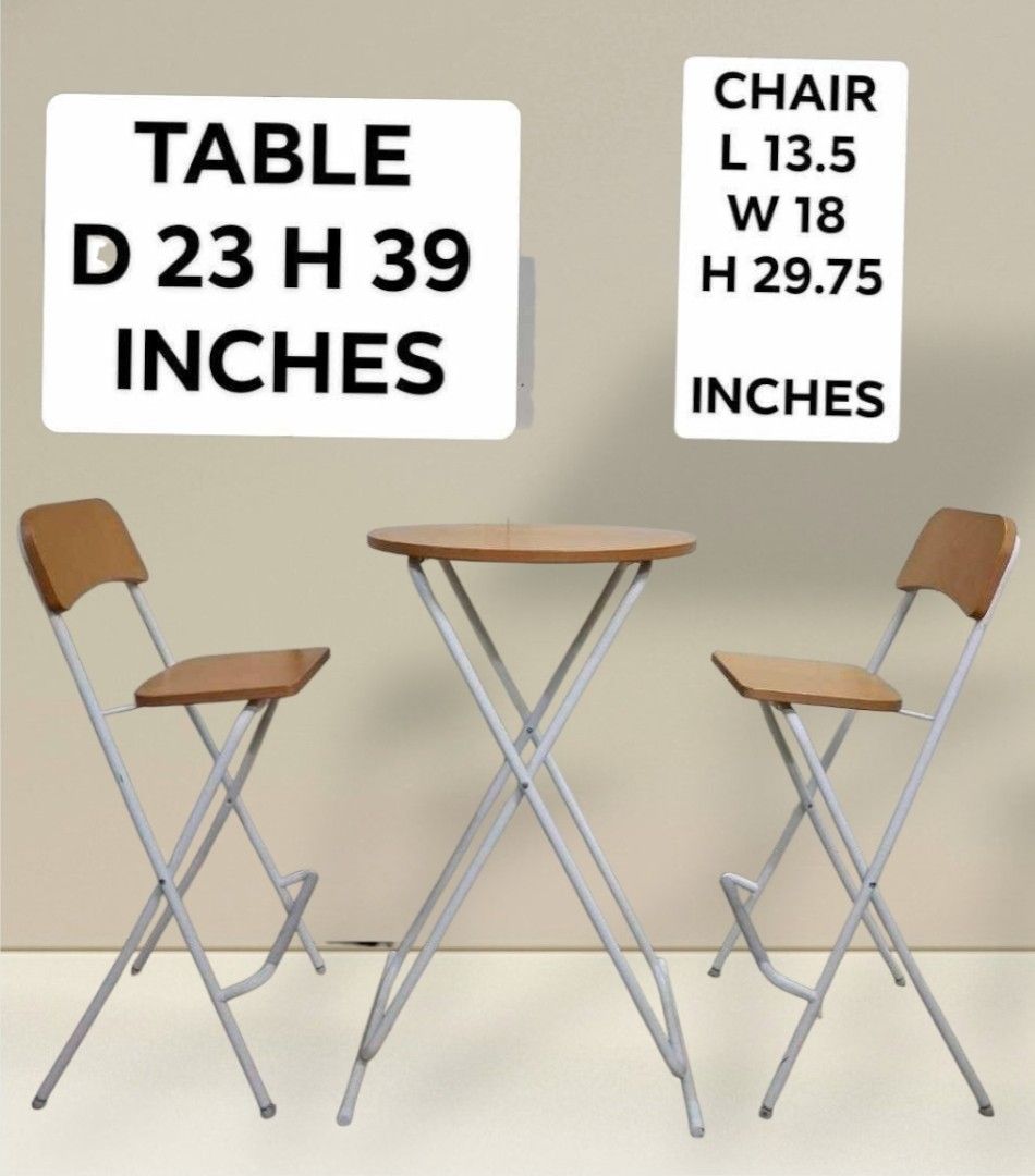 Folding Bar Table and Stool Chairs Set (Category: Chairs) located in Quezon City. Submitted by dannikkishoppe2 (Listing ID 1421669078, Image 1). Description: Folding Bar Table and Stool Chairs Set ₱7500‼️ These are SURPLUS items and not BRAND NEW. Please manage your expectations as there might be minimal flaws. Color may vary due to lighting, it may appear darker or lighter in person. Check photos first before buying. Please refrain from purchasi
