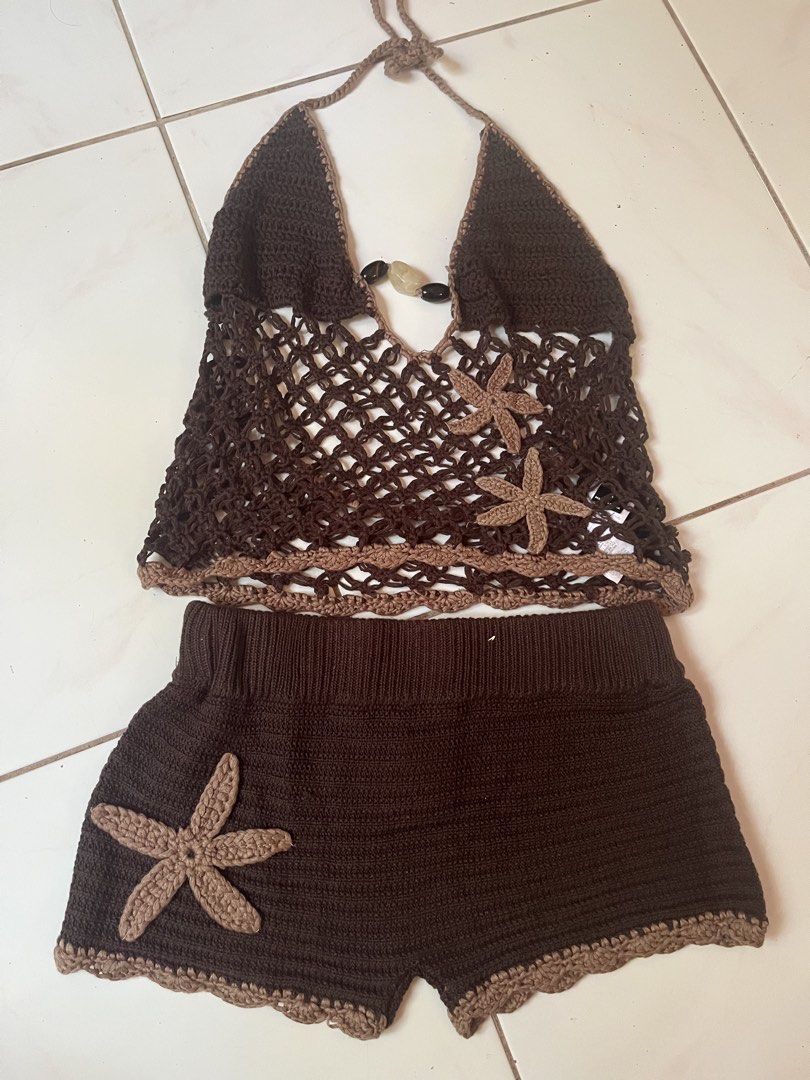 Handmade Crochet Top and Shorts Set (Category: Sets or Coordinates) located in Dagupan City. Submitted by whimsyluns (Listing ID 1421660419, Image 1). Description: - Handmade crochet set - Includes halter top and shorts - Top features: - Open weave design - Starfish accents - Decorative beads - Shorts feature: - High-waisted design - Starfish detail - Color: Rich brown with contrasting trim.