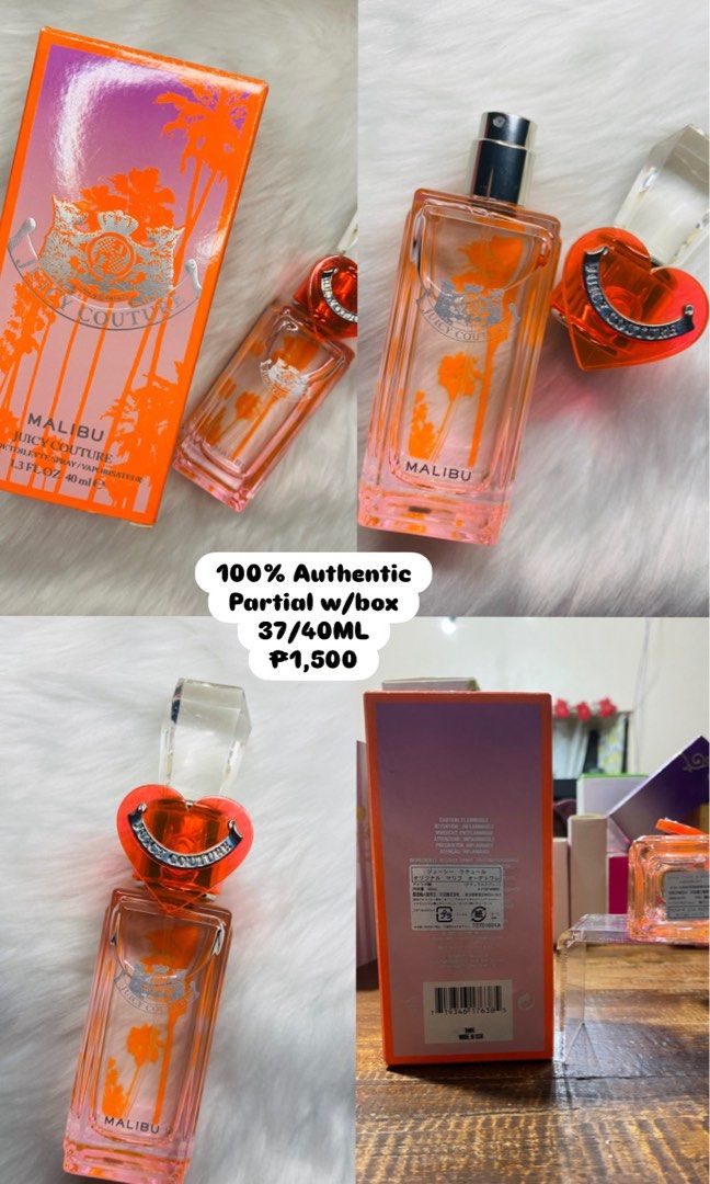 Juicy Couture Malibu Perfume 40ml (Category: Fragrance & Deodorants) located in Agdangan. Submitted by lavishbyji22912 (Listing ID 1421779019, Image 1). Description: - Authentic Juicy Couture Malibu perfume - Approximately 37ml remaining (out of 40ml) - Comes with the original box - Features a heart-shaped cap - Box design: Vibrant orange and pink with palm trees - Bottle has "MALIBU" printed on it.