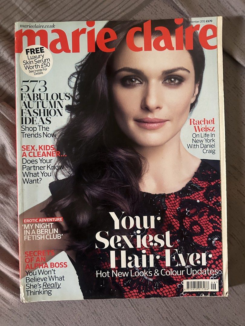 Marie Claire Magazine September 2012 (Category: Magazines) located in Cavite. Submitted by dearreaderph (Listing ID 1421633963, Image 1). Description: Marie Claire magazine from September 2012. Features Rachel Weisz on the cover. Includes articles on autumn fashion ideas, sex, kids, and more. Also includes articles on hair and beauty. Includes a free luxury skin serum worth £50..
