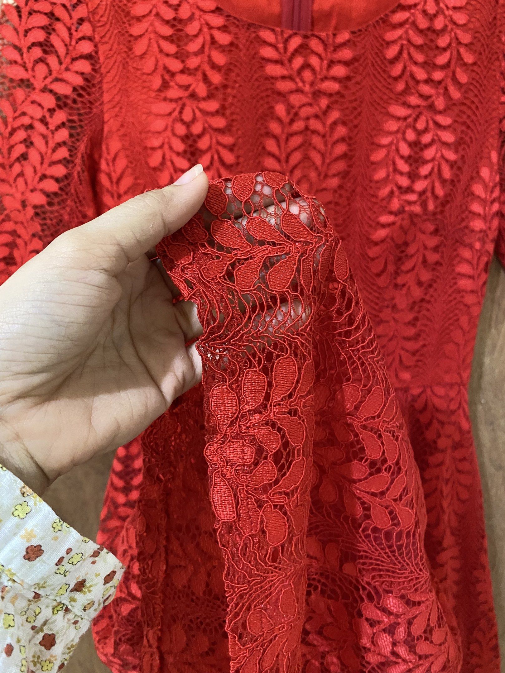 Red Lace Dress (Category: Dresses) located in Guimba. Submitted by xeeeyaaaah (Listing ID 1421621352, Image 2). Description: - Red lace dress - Short sleeves - Fitted bodice - Flared skirt - Back zipper closure - Lightweight lace fabric - Suitable for various occasions W24 L32.