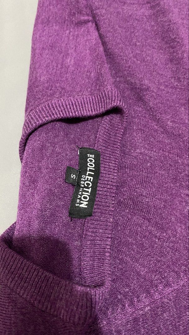 The Collection Debenhams V-Neck Sweater (Small) (Category: Coats, Jackets and Outerwear) located in Mandaluyong City. Submitted by raffyy (Listing ID 1421778092, Image 3). Description: - The Collection Debenhams sweater - V-neck design - Solid purple color - Size S - Long sleeves - Made of knit fabric - Suitable for various occasions.
