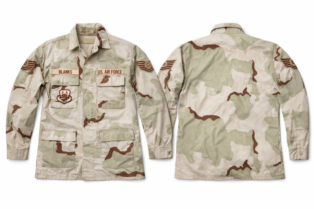 US Air Force Desert Camouflage Jacket (Category: Coats, Jackets and Outerwear) located in Manila. Submitted by rotation2000 (Listing ID 1421672220, Image 1). Description: - Authentic US Air Force desert camouflage jacket - Features: - Multiple pockets - Shoulder patches - Name tag - Includes "US AIR FORCE" patch and "BLANKS" name tag - Button-up front - Long sleeves - Camouflage colors: tan, brown, and green.