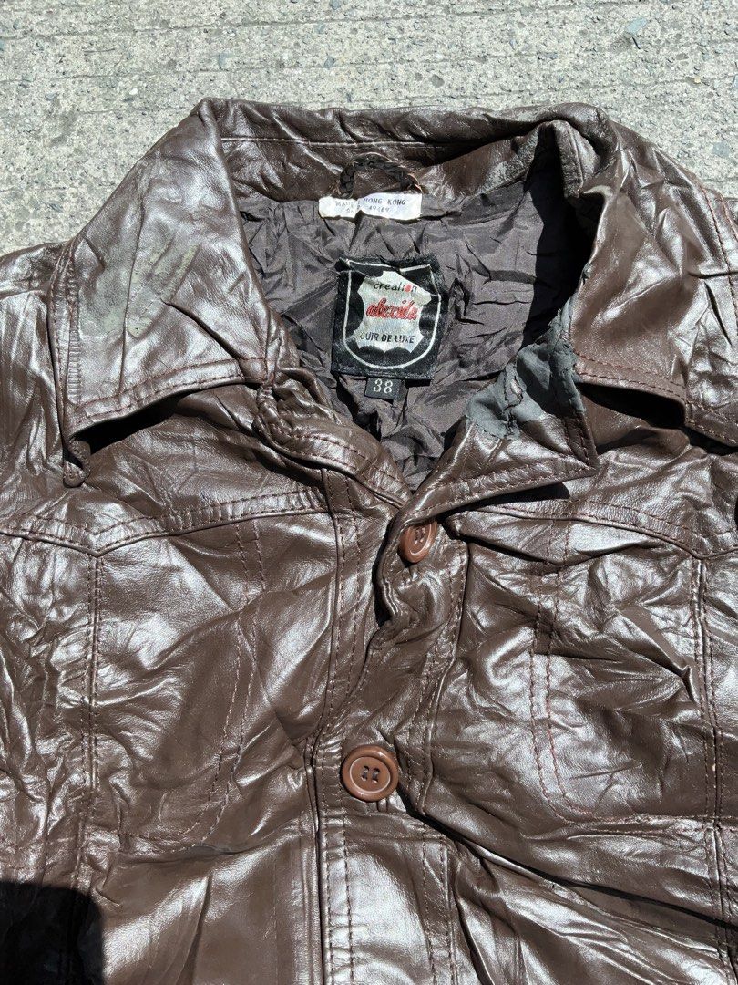Vintage Brown Leather Jacket (Category: Coats, Jackets and Outerwear) located in Manila. Submitted by geloreyes262956 (Listing ID 1421722167, Image 3). Description: Leather jacket brown Price: 400 plus shipping •"Authentic" •Condition: 10/ 10 the dark spots are removable •Size: large Color condition:10 / 10 Measurements:📏 •L- 22inches •W- 18inches shoulder -4 sleeves -23 "Sure buyer only"⚠️ Mode of delivery:🚚 •Cod LBC •J&T •Lalamove Meet up:🤝 