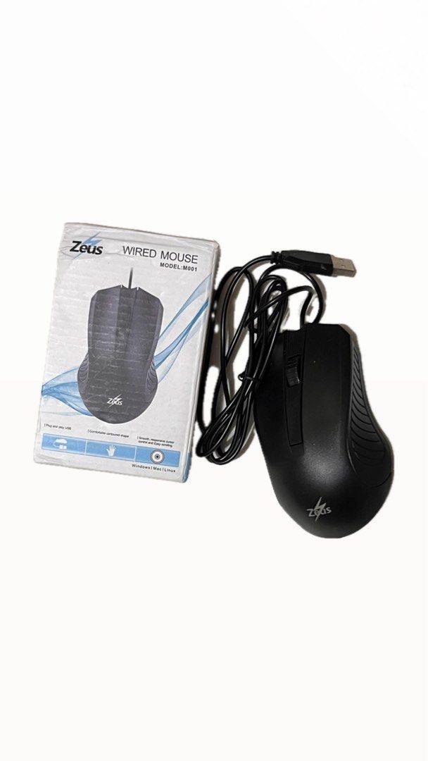 Zeus Wired Mouse M001 (Category: Mouse & Mousepads) located in Tarlac. Submitted by jkapprl (Listing ID 1421757758, Image 1). Description: - Zeus M001 Wired Mouse - Plug and play USB connection - Compatible with Windows, Mac, and Linux - Sleek black design with Zeus logo - Includes original box MOD: j&t MOP: gcash.