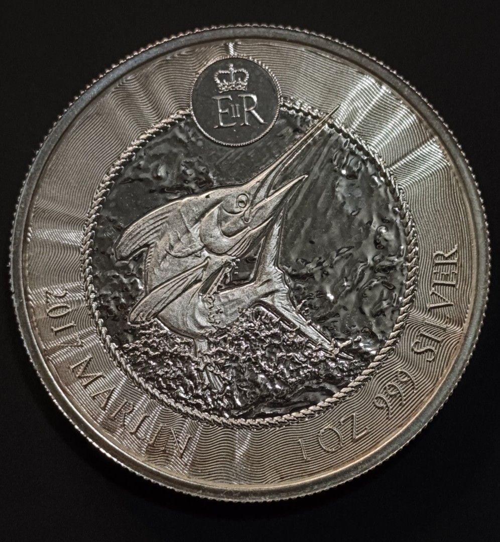 2017 Cayman Islands 1 oz Silver Marlin Coin (Category: Currency) located in Paranaque City. Submitted by phcoincollective (Listing ID 1421897893, Image 1). Description: — Features a marlin design on one side — Displays a portrait of Queen Elizabeth II on the other — 1 oz .999 fine silver coin — Issued by the Cayman Islands, dated 2017 — Intricate detailing with a shiny finish — Inscription reads “2017 MARLIN 1 OZ 999 SILVER”.
