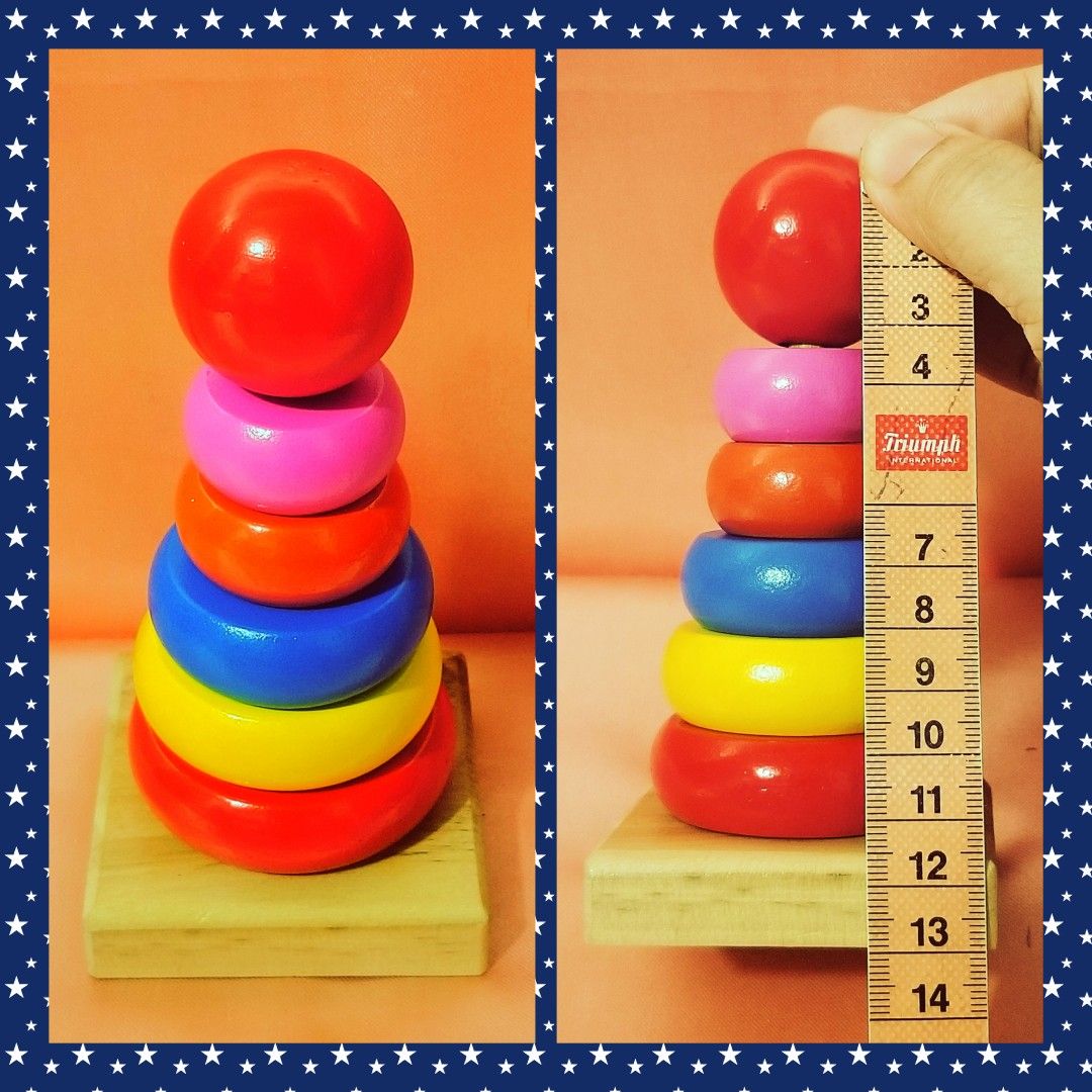 2 Sets of Rainbow Tower Stacking Toy (Category: Infant Playtime) located in Caloocan City. Submitted by happyfeelbygif777 (Listing ID 1421867988, Image 3). Description: ❤Two sets, 6 and 7 layers of round wooden Rainbow Tower stacking toy designed for children aged 36 months and up ❤Comes with a box. ❤Features a wooden base and vibrant glossy rings in various colors. Includes a red ball on top. ❤Helps develop hand-eye coordination, fine motor skil