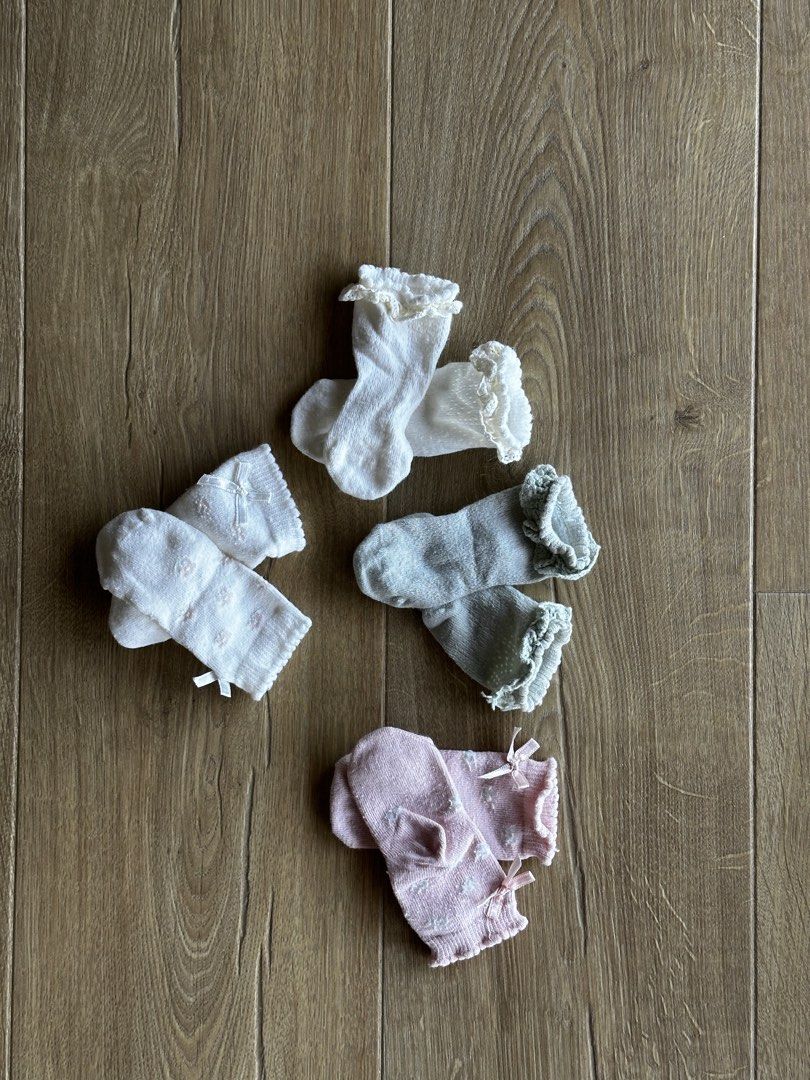 4-Pack Socks - Size 10/12 (Category: Socks) located in Cagayan de Oro. Submitted by destashingmama (Listing ID 1421842798, Image 1). Description: - Adorable 4-pack of socks - Colors: Green, white, and pink - Features: Lace and bow details - Size: 10/12 (7.3cm foot length) - Perfect for babies and toddlers!.