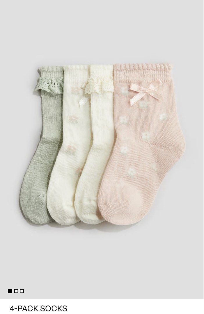 4-Pack Socks - Size 10/12 (Category: Socks) located in Cagayan de Oro. Submitted by destashingmama (Listing ID 1421842798, Image 3). Description: - Adorable 4-pack of socks - Colors: Green, white, and pink - Features: Lace and bow details - Size: 10/12 (7.3cm foot length) - Perfect for babies and toddlers!.