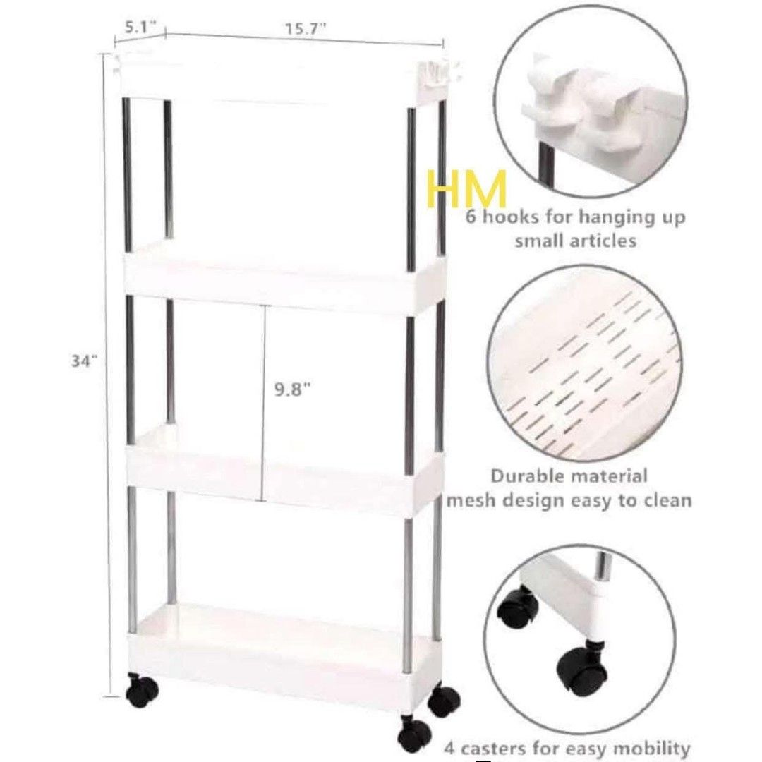 4-Tier Rolling Storage Cart (Category: Storage Boxes & Baskets) located in Manila. Submitted by haideshop (Listing ID 1421888781, Image 2). Description: 4-tier rolling storage cart is perfect for organizing various items. It features a durable mesh design and comes with 4 casters for easy mobility. The cart includes 6 hooks for hanging small articles. It is available in white and black. The dimensions are 15.7" x 9.8" x 34"..