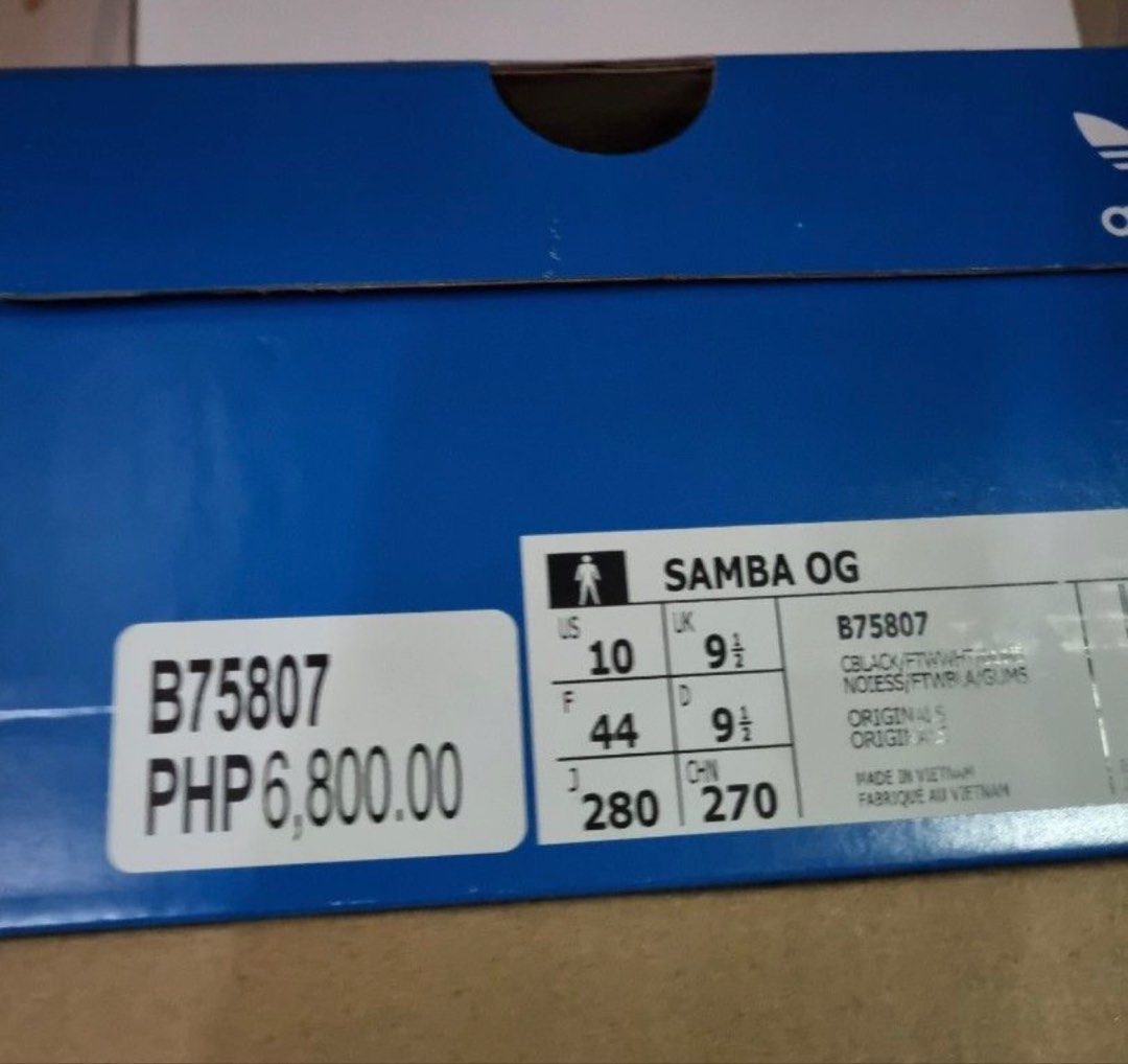 Adidas Samba OG Black (Category: Sneakers) located in Mabini. Submitted by MariaD (Listing ID 1421886840, Image 3). Description: - Adidas Samba OG - Black colorway - Size: US 10, UK 9.5, EUR 44 - Original price: PHP 6,800.00.