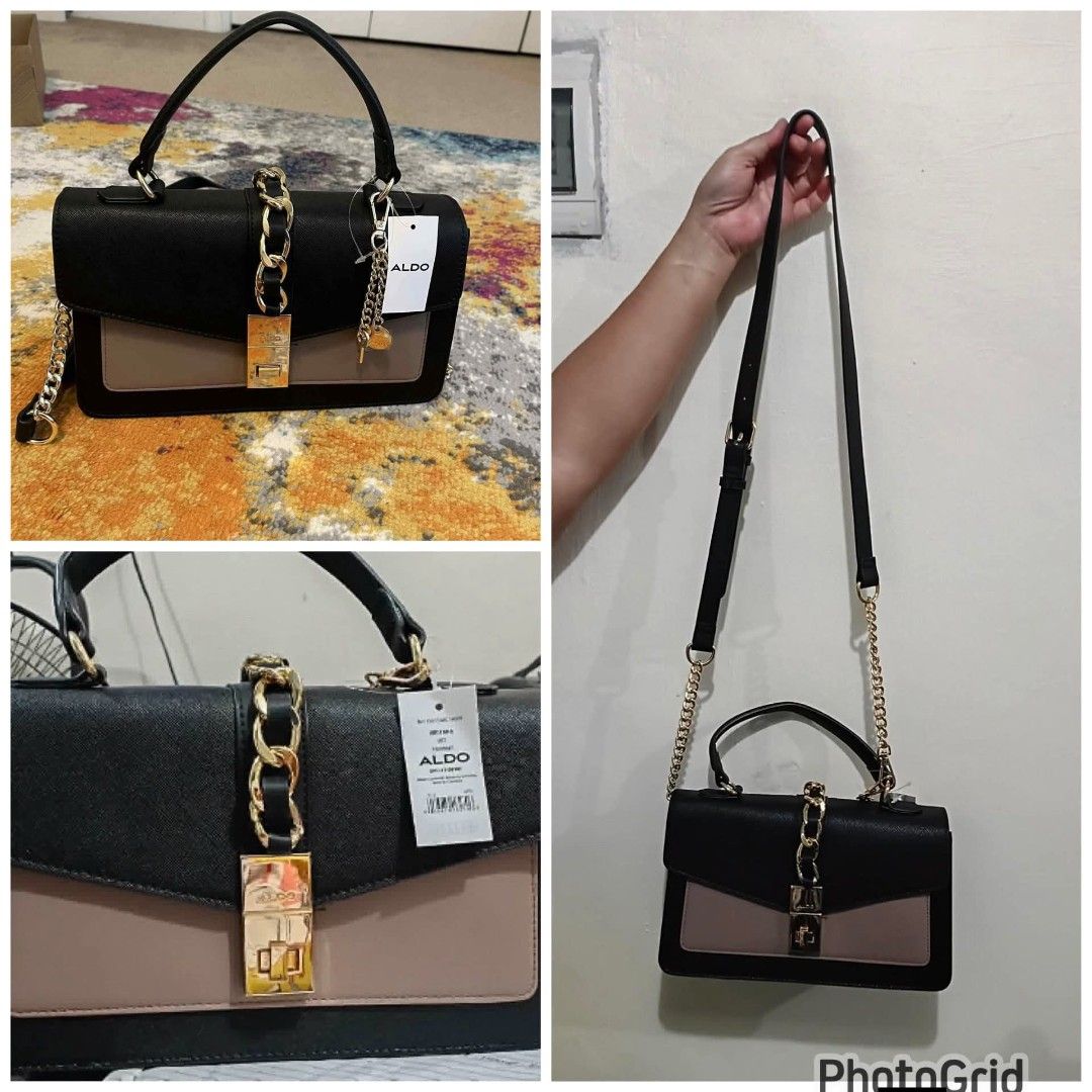 ALDO Mini Handbag with Chain (Category: Shoulder Bags) located in Quezon City. Submitted by annemarie_1986 (Listing ID 1421870568, Image 1). Description: - ALDO mini handbag - Color: Black and beige - Top handle - Detachable shoulder strap - Gold-tone chain detail and lock closure - Structured shape - Includes ALDO tag.