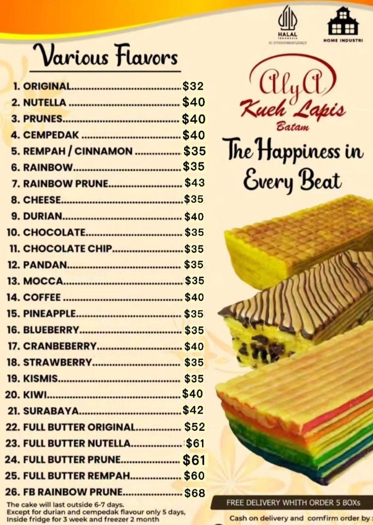 ALYA Cake (Category: Homemade Bakes) located in Singapore. Submitted by zakiwildan00 (Listing ID 1421848613, Image 1). Description: Hi, I'm Zaki from Batam and I want to offer layer cakes and other types of cakes like the one in the picture with the ALYA Cake brand .. in 1 kg size. Minimum Order 3 boxes😇🙏🙏..The price listed includes shipping costs.. so you don't have to pay any additional costs😇😇.. The cake is sent freshly baked😇. Direct de