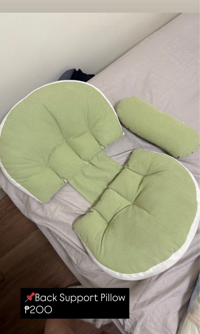 Back Support Pillow (Category: Cushions & Throws) located in Manila. Submitted by stephanieaba (Listing ID 1421890049, Image 2). Description: - Back support pillow set - Color: Green and white - Includes: Main back support pillow and cylindrical pillow - Made of soft, textured fabric - Designed for comfort and support.