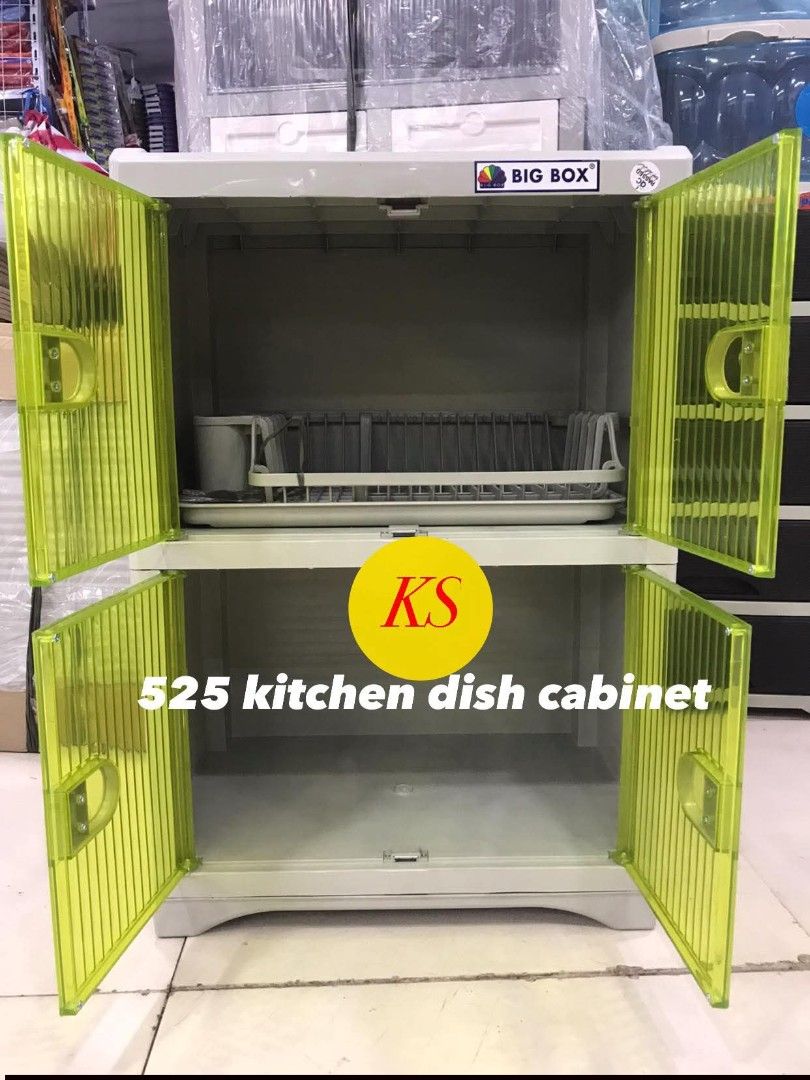Big Box 525 Kitchen Dish Cabinet (Category: Other Kitchenware & Tableware) located in Taguig. Submitted by diannecaya86853 (Listing ID 1421918353, Image 2). Description: - Big Box 525 dish cabinet - White and green color - Two compartments with transparent green doors - Top compartment includes dish rack and cup holder - Keeps dishes organized and protected.