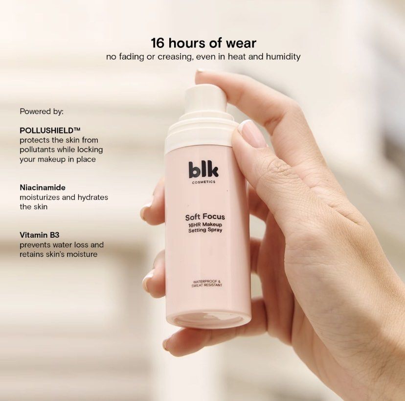 blk Cosmetics Soft Focus Setting Spray (Category: Makeup) located in Paranaque City. Submitted by shop.caramel (Listing ID 1421940712, Image 1). Description: - 16-hour wear - Waterproof and sweat-resistant - Protects from pollutants with POLLUSHIELD™ - Hydrates and moisturizes with Niacinamide and Vitamin B3 - Prevents water loss.