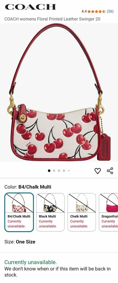 Coach Floral Printed Leather Swing 20 Handbag (Category: Luxury Bags & Wallets) located in Makati City. Submitted by khriz_terrado (Listing ID 1421923706, Image 3). Description: limited Edition Cherry Print - Coach Swing 20 handbag - Playful cherry print - Red leather strap and trim - Secure zip closure - Features a small Coach logo detail - Designed for shoulder wear - Excellent to new condition No hangtag.