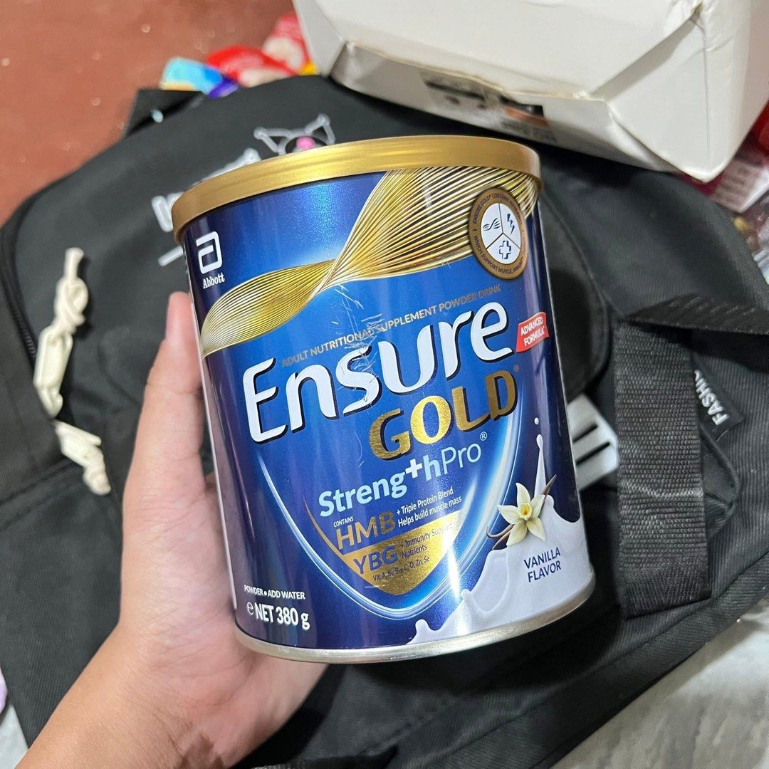 Ensure Gold Vanilla Flavor (Category: Health Food, Drinks & Tonics) located in Los Banos. Submitted by nicolee.904 (Listing ID 1421896257, Image 2). Description: - Ensure Gold Vanilla Flavor - Advanced nutrition for adults - Contains StrengthPro with HMB, Triple Protein Blend, and YBG nutrients - Available sizes: 380g and 1600g - Please specify size when ordering - Price : ₱3,700 for all (market price : ₱4700++).