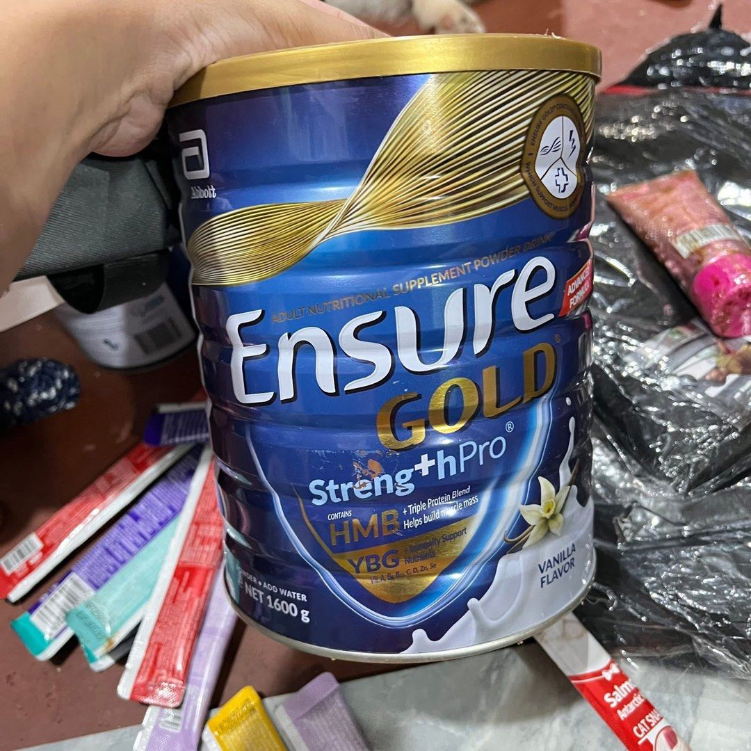 Ensure Gold Vanilla Flavor (Category: Health Food, Drinks & Tonics) located in Los Banos. Submitted by nicolee.904 (Listing ID 1421896257, Image 1). Description: - Ensure Gold Vanilla Flavor - Advanced nutrition for adults - Contains StrengthPro with HMB, Triple Protein Blend, and YBG nutrients - Available sizes: 380g and 1600g - Please specify size when ordering - Price : ₱3,700 for all (market price : ₱4700++).