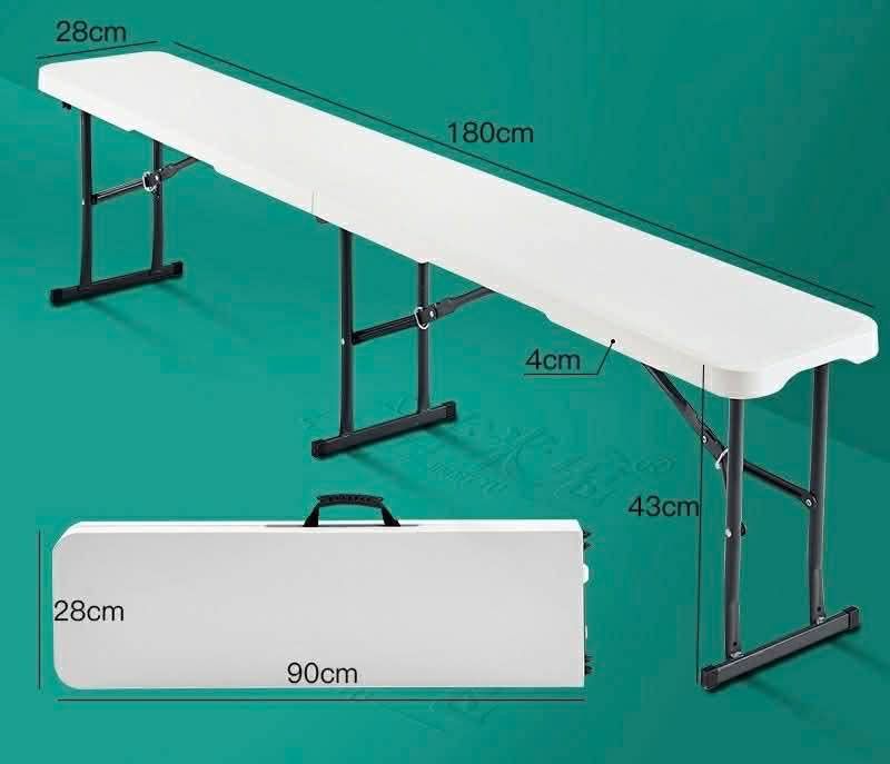 Folding chair- 180cm (Category: Tables & Sets) located in Manila. Submitted by yzcartph (Listing ID 1421874802, Image 1). Description: Folding bench table is perfect for events or extra seating. It is 180cm long, 28cm wide, and 43cm high when open. When folded, it measures 90cm long and 28cm wide. The table has a handle for easy carrying. It is white with black legs..