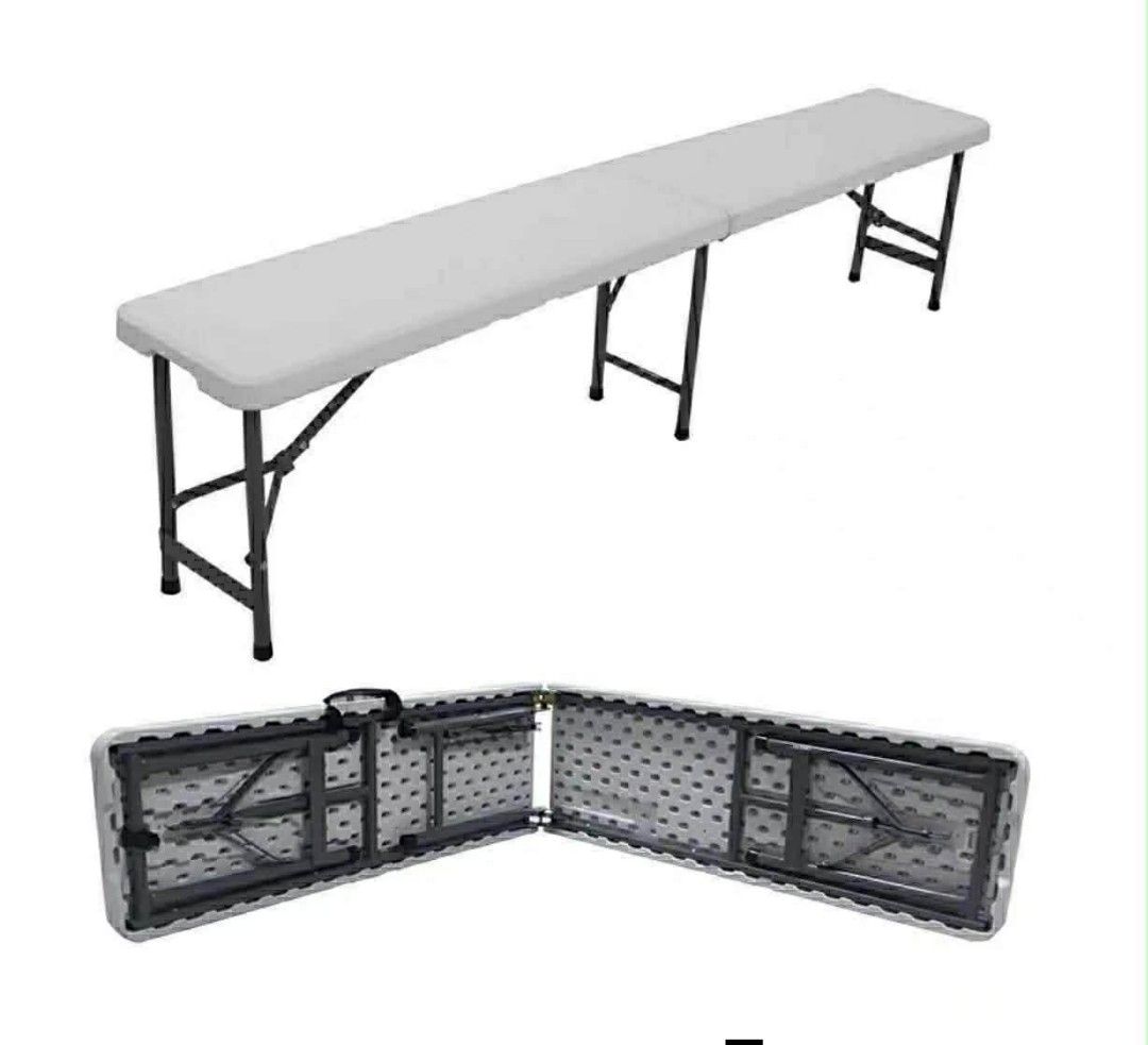 Folding chair- 180cm (Category: Tables & Sets) located in Manila. Submitted by yzcartph (Listing ID 1421874802, Image 2). Description: Folding bench table is perfect for events or extra seating. It is 180cm long, 28cm wide, and 43cm high when open. When folded, it measures 90cm long and 28cm wide. The table has a handle for easy carrying. It is white with black legs..