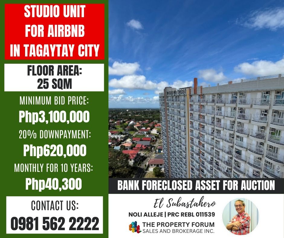 Foreclosed Condominium (Category: Apartments & Condos) located in Mandaluyong City. Submitted by thepropertforumph (Listing ID 1421859448, Image 1). Description: 𝐅𝐎𝐑𝐄𝐂𝐋𝐎𝐒𝐄𝐃 𝐂𝐎𝐍𝐃𝐎𝐌𝐈𝐍𝐈𝐔𝐌🏘️ *𝗣𝗿𝗼𝗽𝗲𝗿𝘁𝘆 𝗔𝗱𝗱𝗿𝗲𝘀𝘀: Unit 2324 Tagaytay Prime Residence, Tagaytay - Calamba road, Barangay San Jose, Tagaytay City Cavite *𝐅𝐥𝐨𝐨𝐫 𝐀𝐫𝐞𝐚: 25 sqm *𝐌𝐢𝐧𝐢𝐦𝐮𝐦 𝐁𝐢𝐝 𝐏𝐫𝐢𝐜𝐞: Php3,100,000 ✅0.1 km in MARQUEZ DENTAL ✅0.