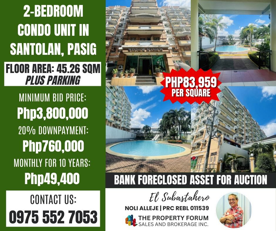 Foreclosed Condominium (Category: Apartments & Condos) located in Mandaluyong City. Submitted by thepropertforumph (Listing ID 1421860496, Image 1). Description: 𝐅𝐎𝐑𝐄𝐂𝐋𝐎𝐒𝐄𝐃 𝐂𝐎𝐍𝐃𝐎𝐌𝐈𝐍𝐈𝐔𝐌🏘️ *𝗣𝗿𝗼𝗽𝗲𝗿𝘁𝘆 𝗔𝗱𝗱𝗿𝗲𝘀𝘀: Unit 219 2nd floor Windsor Mansion, Evangelista St., Barangay Santolan, Pasig City *𝐅𝐥𝐨𝐨𝐫 𝐀𝐫𝐞𝐚: 45.26 sqm *𝐌𝐢𝐧𝐢𝐦𝐮𝐦 𝐁𝐢𝐝 𝐏𝐫𝐢𝐜𝐞: Php3,800,000 ✅0.1 km in Robinsons Easymart Cityland Santo