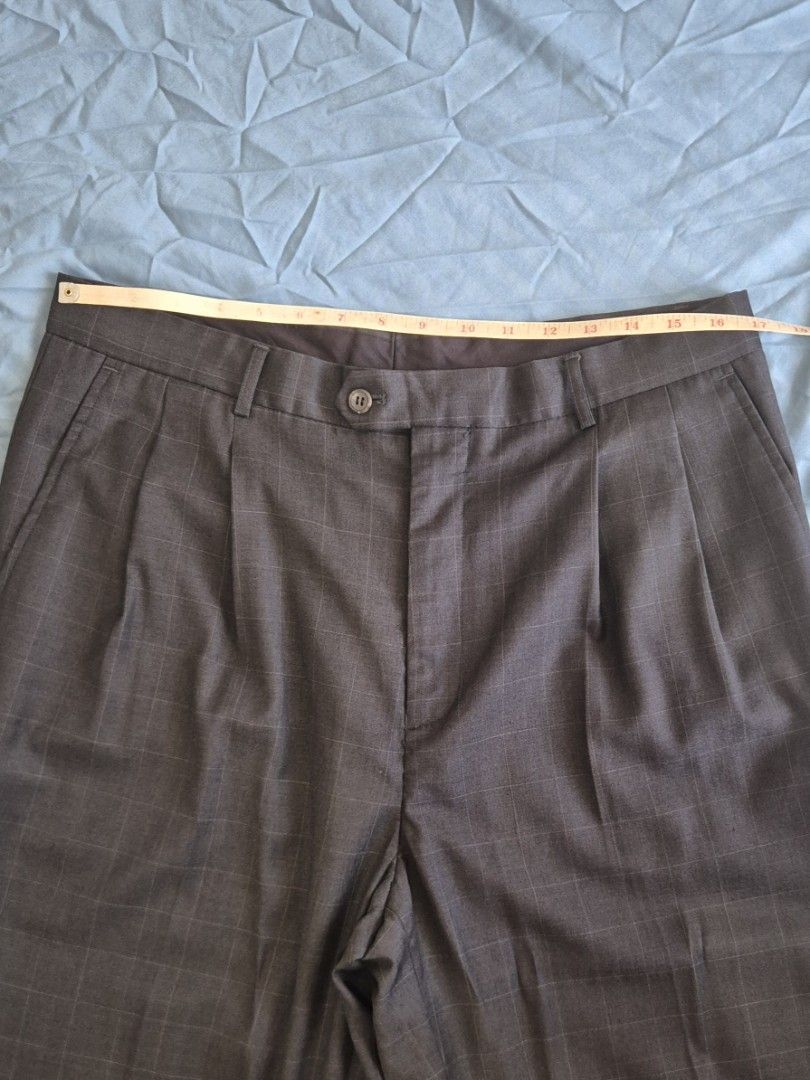 Grey Checkered Double Pleated Wide Trousers (Category: Trousers) located in Cebu City. Submitted by buyfromb (Listing ID 1421841211, Image 3). Description: Grey Checkered Double Pleated Wide Trousers (measurements displayed in photos) - Actual Size: 34 Features: - Hook, Button, Zipper closure - Checkered Pattern - Double Pleats - no damages or flaws * Altered Length .