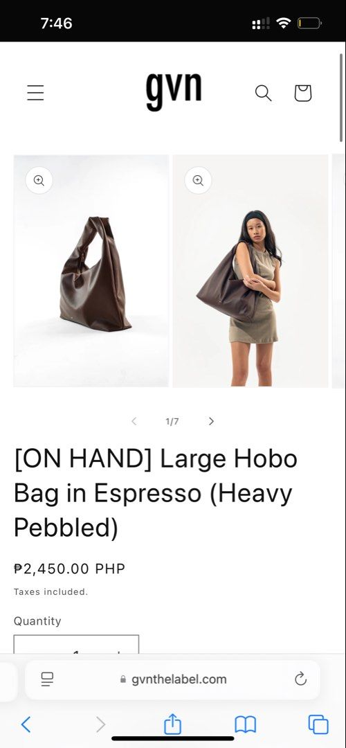 GVN Large Hobo Bag in Espresso (Category: Shoulder Bags) located in Davao. Submitted by declutterstuff01 (Listing ID 1421888399, Image 3). Description: - GVN hobo bag - Color: Espresso - Texture: Heavy pebbled - Design: Spacious - Closure: Zipper (flaw, never repaired) - Strap: Single shoulder strap - Versatile for everyday use fits macbook, laptop, ipad, etc. v spacious FREE SF FOR 1,750 can haggle but pay ur own sf.