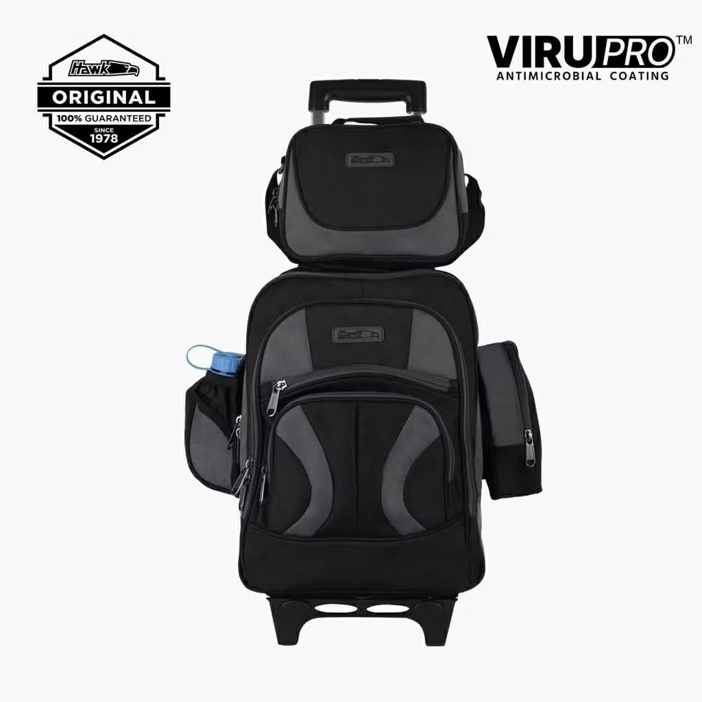 Hawk Rolling Backpack Stroller with Lunch Bag (Category: Backpacks) located in Bacoor. Submitted by krishna_boutiqueph (Listing ID 1421800260, Image 2). Description: - Hawk rolling backpack - Detachable lunch bag - Multiple compartments - Side pockets for water bottles - Retractable handle and wheels - Black and gray color - Virupro antimicrobial coating - Need Cleaning - Water tumbler not included Mall SRP Php 3,300.
