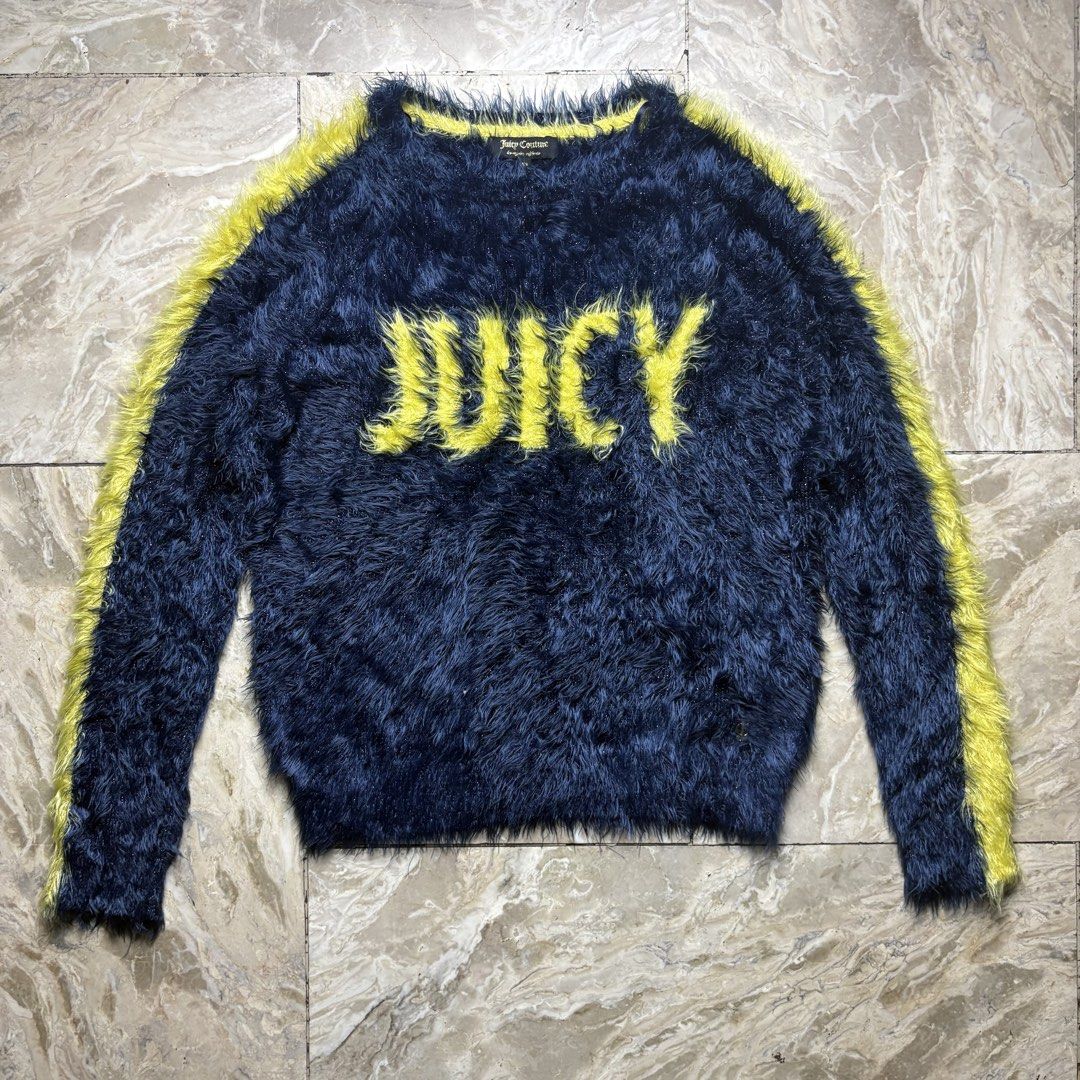 Juicy Couture Fluffy Sweater XS (Category: Coats, Jackets and Outerwear) located in Dinalupihan. Submitted by hell.thrift (Listing ID 1421914824, Image 1). Description: - Juicy Couture sweater - Size: XS -Length:23 -Width:16 - Features: Fluffy texture, "JUICY" or "COUTURE" across the front, yellow stripes on sleeves - Made in China - Material: 74% Polyamide, 24% Viscose, 2% Metallic Fiber.