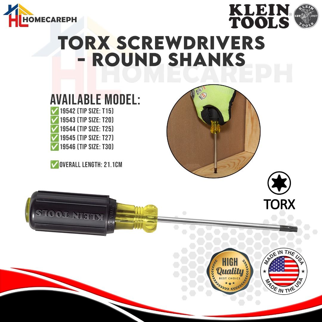 Klein Tools Torx Screwdrivers - Round Shanks (Category: Construction Tools & Equipment) located in Manila. Submitted by homecareph (Listing ID 1302612225, Image 1). Description: 02-16-2026 ✅For Sale !!! ✅Retail / Wholesale ✅KLEIN TOOLS TORX SCREWDRIVERS - ROUND SHANKS ✅AVAILABLE MODEL: • 19542 (Tip Size: T15) • 19543 (Tip Size: T20) • 19544 (Tip Size: T25) • 19545 (Tip Size: T27) • 19546 (Tip Size: T30) • Overall Length: 21.1cm ✅100% Original ✅Ma