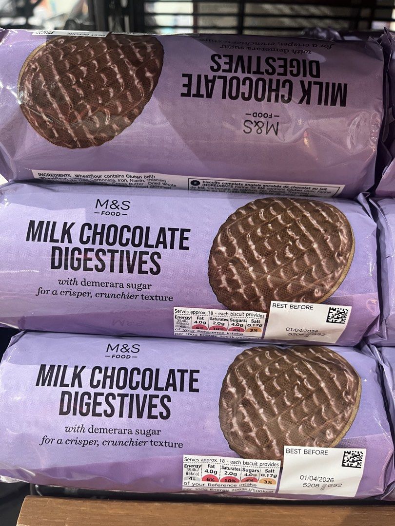 M&S Milk Chocolate Digestives GET 3 (Category: Other Food & Drinks) located in Pasig City. Submitted by missclaud.essentials (Listing ID 1421854123, Image 1). Description: - M&S Milk Chocolate Digestives - Made with demerara sugar for a crispy texture - Approximately 18 biscuits per pack - Best before: 01/04/2026 - Perfect for sharing!.