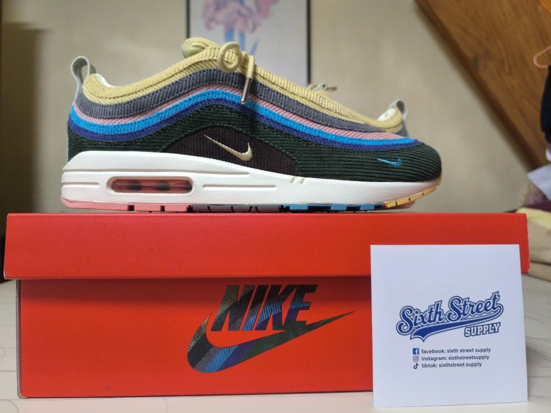 Nike Air Max 1/97 Sean Wotherspoon (Category: Sneakers) located in Manila. Submitted by sixthstreetsupply (Listing ID 1421810672, Image 1). Description: - Nike Air Max 1/97 SW sneakers - Size: 9.5 - Multi-colored corduroy upper - White midsole - Visible Air Max unit - Gold swoosh - Unique color scheme - Comes with original red Nike box.