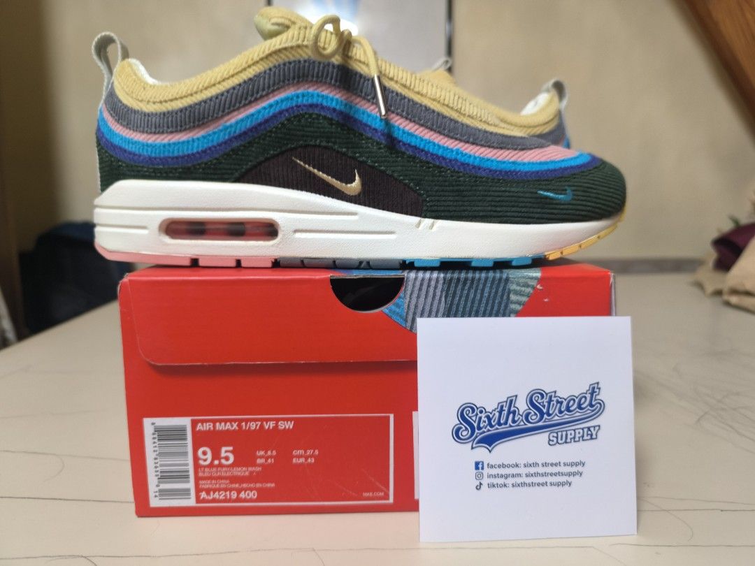 Nike Air Max 1/97 Sean Wotherspoon (Category: Sneakers) located in Manila. Submitted by sixthstreetsupply (Listing ID 1421810672, Image 2). Description: - Nike Air Max 1/97 SW sneakers - Size: 9.5 - Multi-colored corduroy upper - White midsole - Visible Air Max unit - Gold swoosh - Unique color scheme - Comes with original red Nike box.