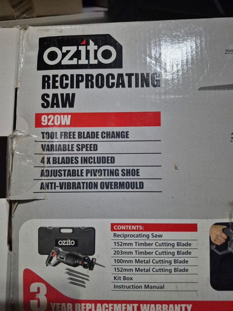 Ozito Reciprocating Saw RSW-5200 (Category: Construction Tools & Equipment) located in Paranaque City. Submitted by isay_virtualstore (Listing ID 1421940517, Image 2). Description: - Ozito 920W Reciprocating Saw - Tool-free blade change - Variable speed control - Adjustable pivoting shoe - Includes 4 blades - Comes with kit box and instruction manual - Anti-vibration overmould - Color: Black and Grey.