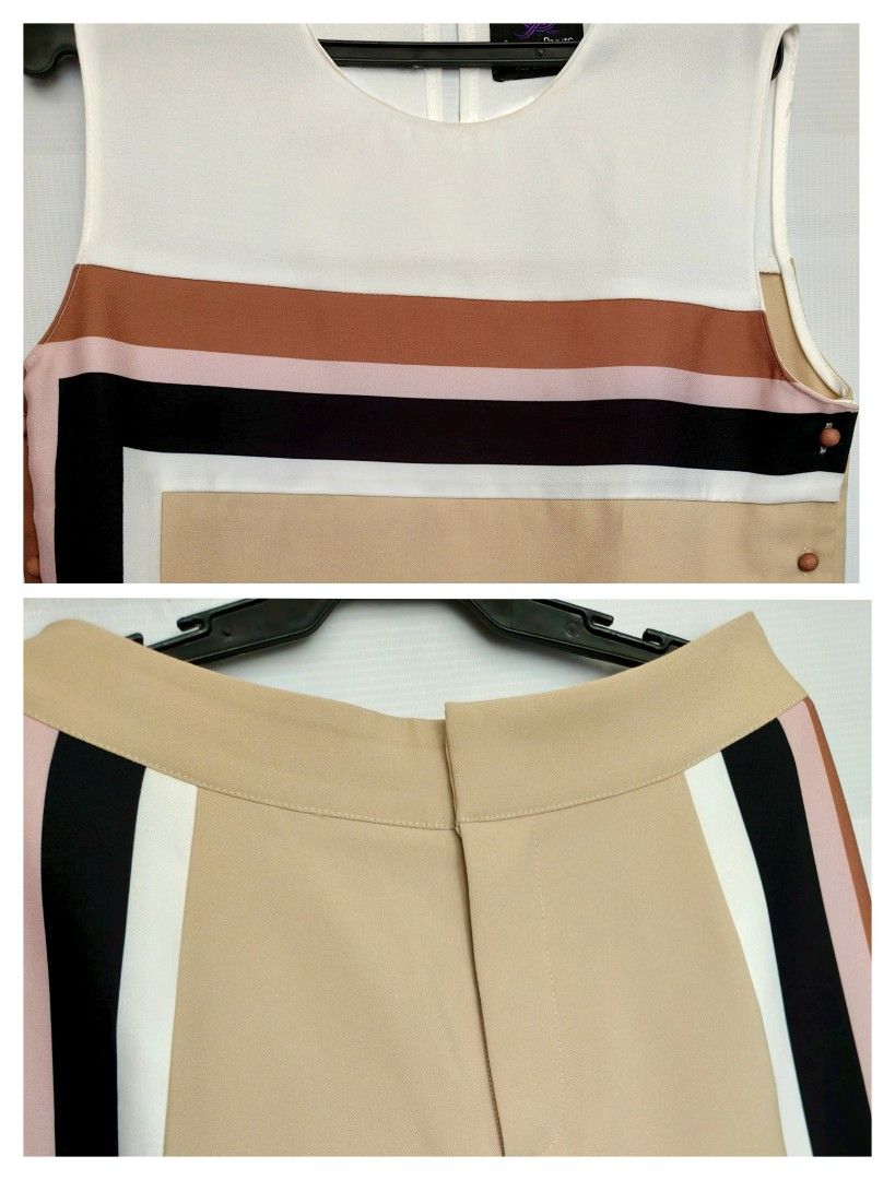 Plains & Prints Sleeveless Top and Pants Set (Category: Sets or Coordinates) located in Batangas. Submitted by 2mspreloved (Listing ID 1421809792, Image 1). Description: - Plains & Prints matching set - Sleeveless top with color-block design - Beige pants with color-block side stripes -With side pockets .