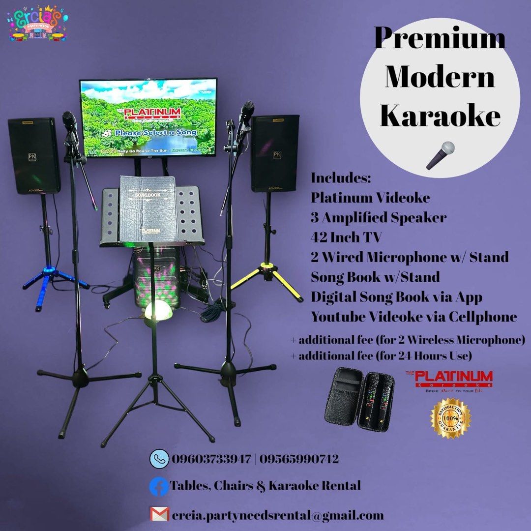 Premium Modern Karaoke System Rental (Category: Soundbars, Speakers & Amplifiers) located in Marikina City. Submitted by patriciaoriendo2 (Listing ID 1421848820, Image 1). Description: - Premium karaoke system rental - Includes: Platinum Videoke, 3 amplified speakers, 42-inch TV, 2 wired microphones with stands, songbook with stand, and digital songbook app - Sing YouTube karaoke via your phone - Optional: Wireless microphones and extended rental