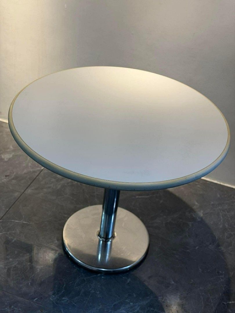 ROUND TABLE WITH STAINLESS STEEL BASE(CAFE TABLE)❗ (Category: Tables & Sets) located in Quezon City. Submitted by kcofficefurnitures (Listing ID 1421922988, Image 1). Description: RUSH SALE! ROUND TABLE (CAFÉ TYPE) ✅Modern round table ✅Heavy duty metal base (stable) ✅ Easy to clean surface ✅ Perfect for café / dining / office / waiting area 📌Please be inform that the item is second hand so please limit your expectations thankyou 🚩Luzon Quezon C